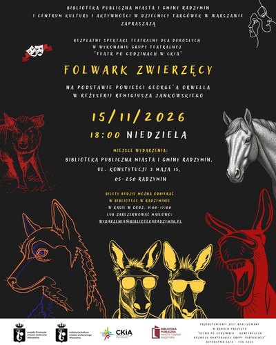 Plakat wydarzenia:  „Folwark zwierzęcy” – spektakl Teatru Po Godzinach w Radzyminie
